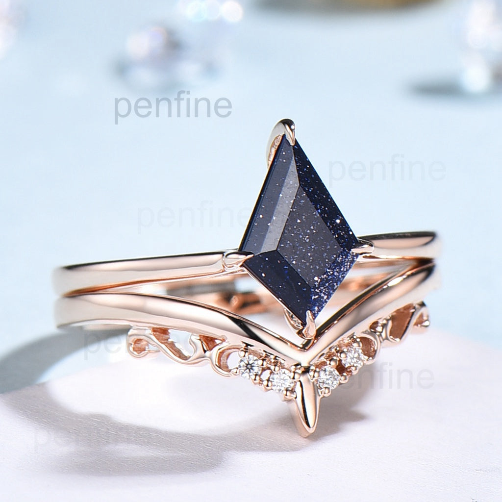 Kite cut blue sandstone ring for women solitaire engagement ring set 14k rose gold - PENFINE