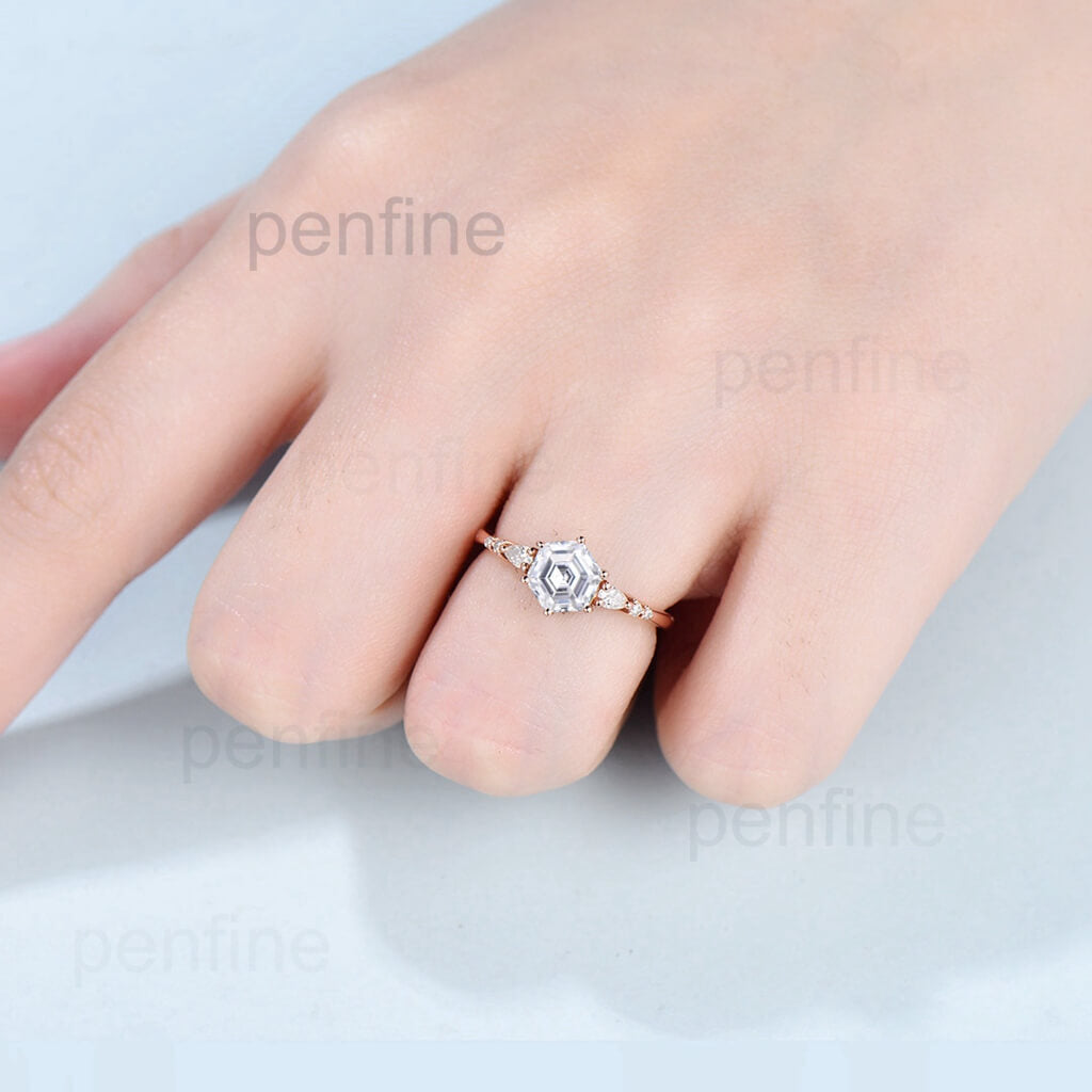 Minimalist moissanite engagement ring rose gold | Hexagon cut engagement ring women | Art Deco diamond bridal set | Vintage Anniversary ring - PENFINE