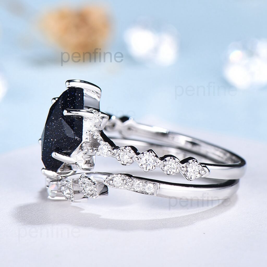 Blue sandstone engagement ring set Geometric white gold bridal set for woman Vintage opal diamond wedding ring promise gift Art deco ring - PENFINE