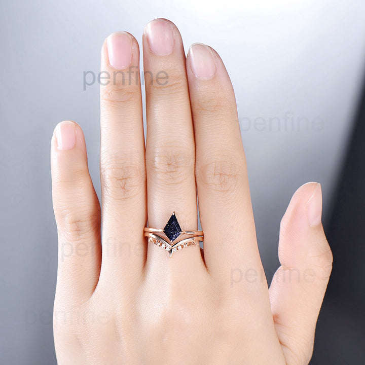 Kite cut blue sandstone ring for women solitaire engagement ring set 14k rose gold - PENFINE