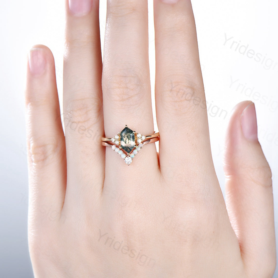 Unique hexagon moss agate ring women vintage green moss agate engagement ring set opal moissanite wedding set anniversary promise ring - PENFINE