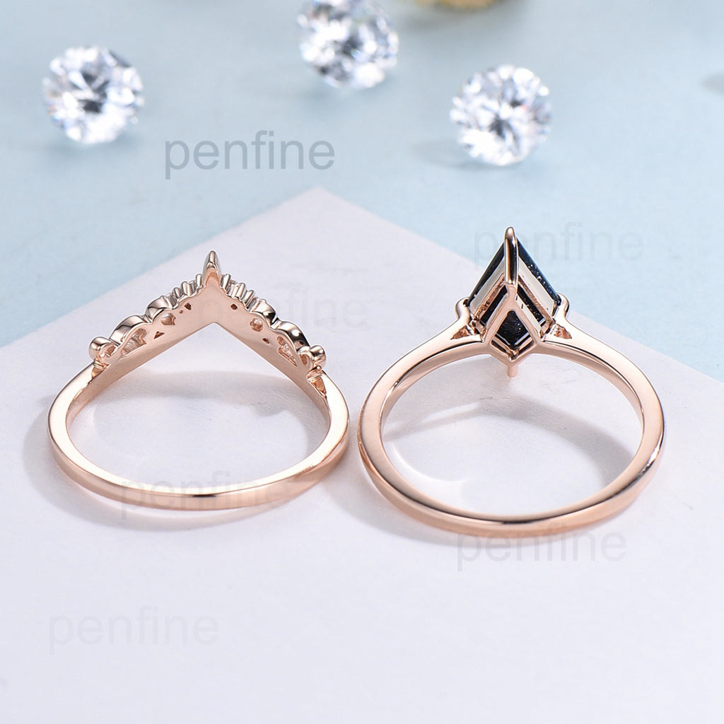 Kite cut blue sandstone ring for women solitaire engagement ring set 14k rose gold - PENFINE