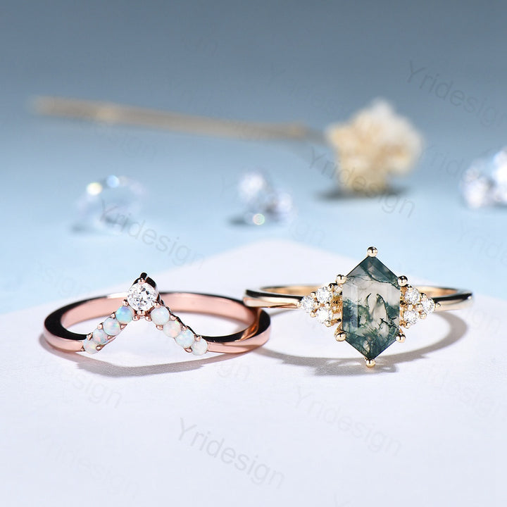 Unique hexagon moss agate ring women vintage green moss agate engagement ring set opal moissanite wedding set anniversary promise ring - PENFINE