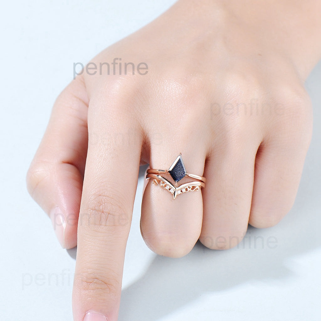 Kite cut blue sandstone ring for women solitaire engagement ring set 14k rose gold - PENFINE