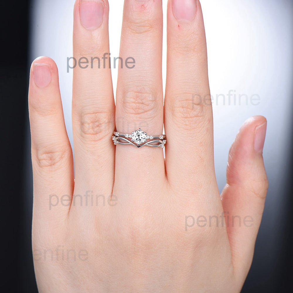 Dainty Moissanite Bridal Sets Unique White Gold Moissanite Engagement Ring Set Art Deco Bridal Anniversary Rings Promise Ring for her - PENFINE