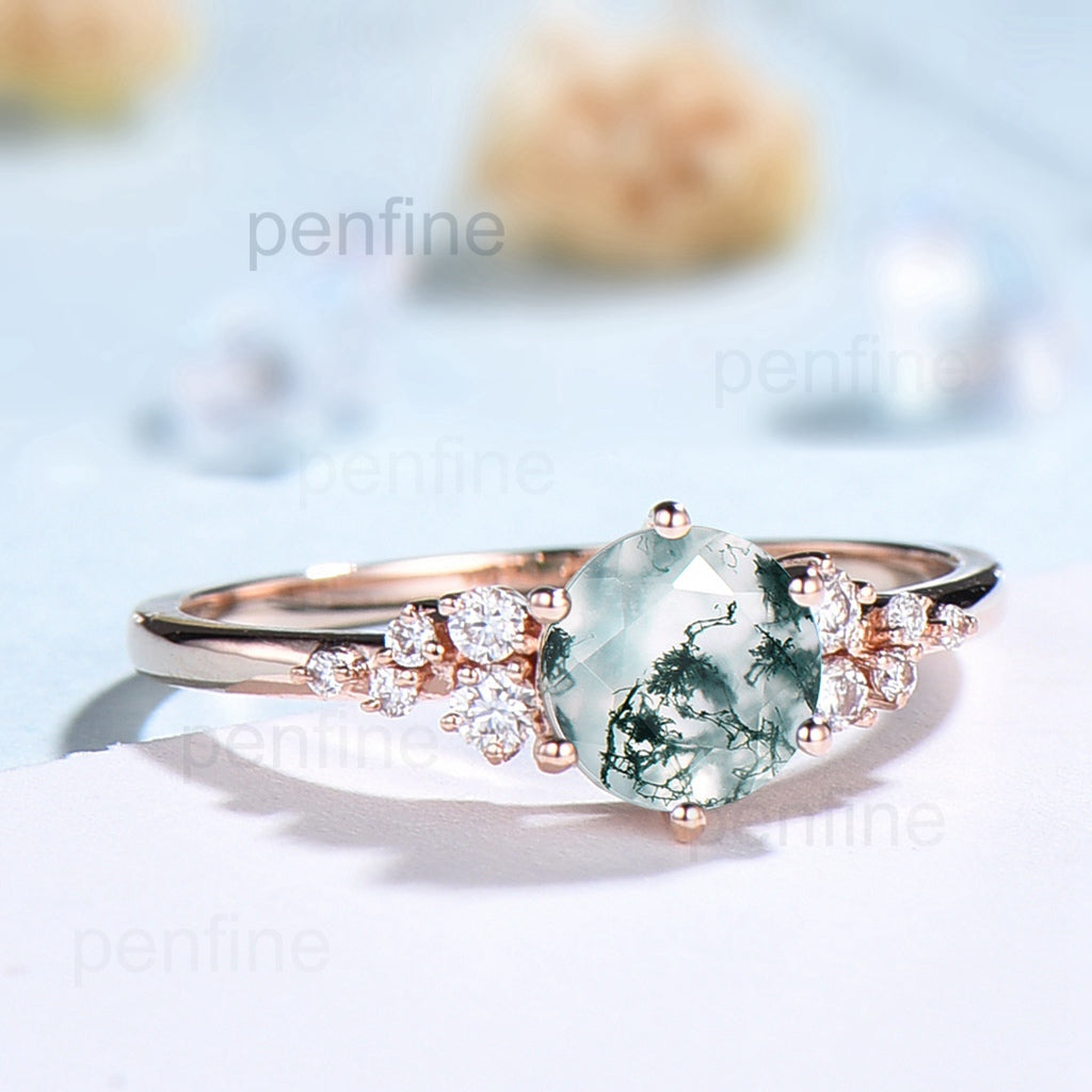 Vintage round cut green moss agate engagement ring 14k rose gold snowdrift diamond ring for women - PENFINE