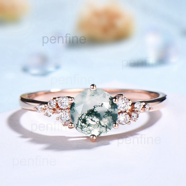 Vintage round cut green moss agate engagement ring 14k rose gold snowdrift diamond ring for women - PENFINE