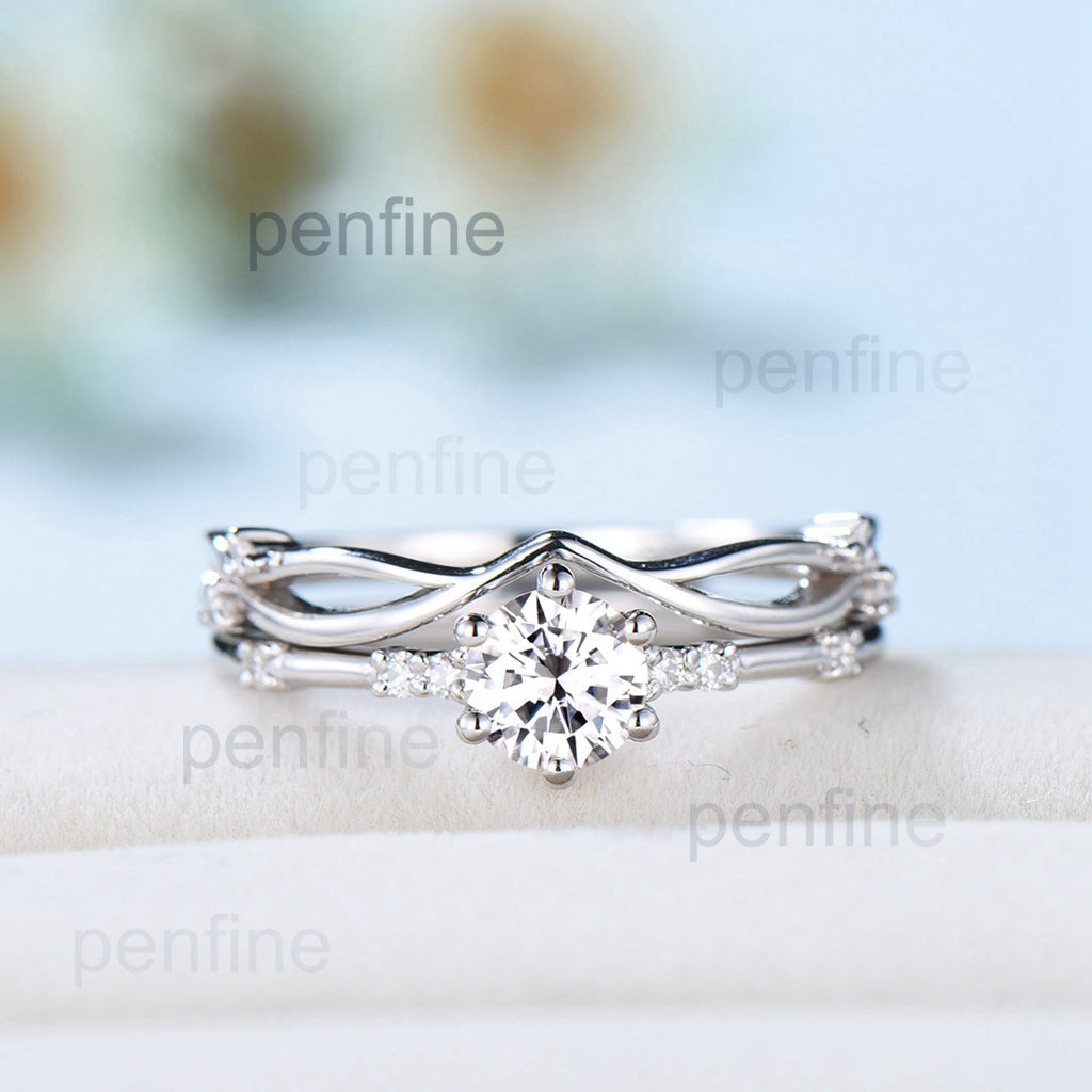 Dainty Moissanite Bridal Sets Unique White Gold Moissanite Engagement Ring Set Art Deco Bridal Anniversary Rings Promise Ring for her - PENFINE