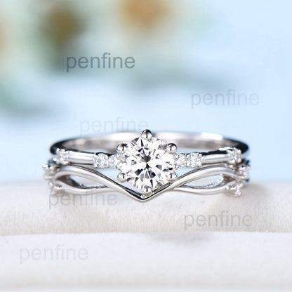 Dainty Moissanite Bridal Sets Unique White Gold Moissanite Engagement Ring Set Art Deco Bridal Anniversary Rings Promise Ring for her - PENFINE
