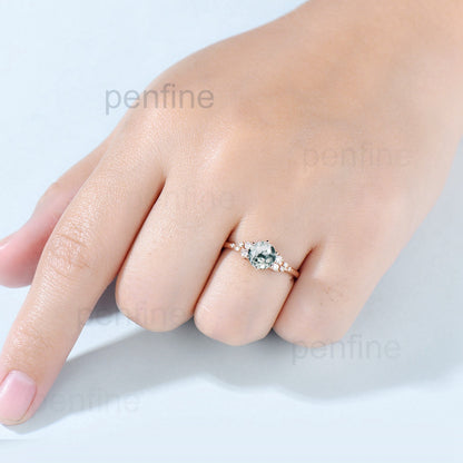 Vintage round cut green moss agate engagement ring 14k rose gold snowdrift diamond ring for women - PENFINE