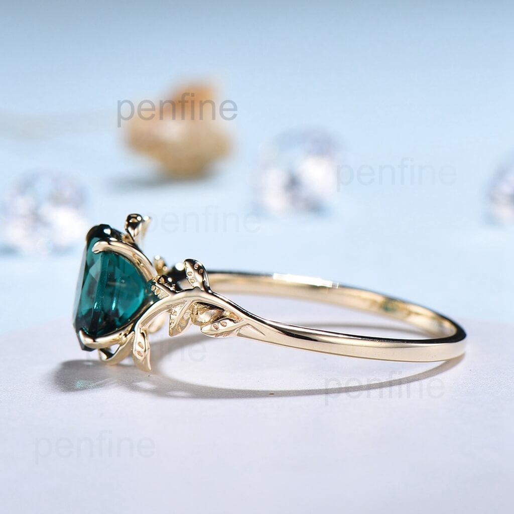 Filigree Leaf Flower Oval Lab Emerald Solitaire Engagement Ring - PENFINE