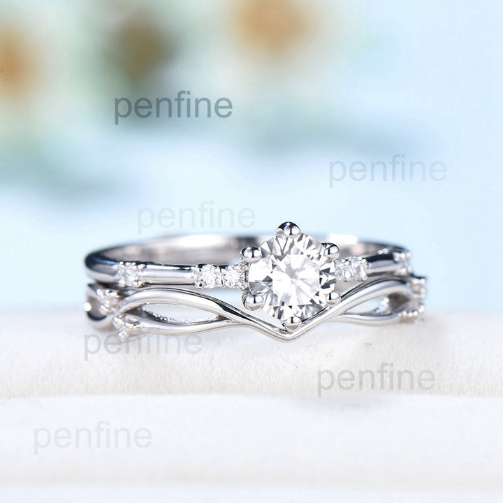 Dainty Moissanite Bridal Sets Unique White Gold Moissanite Engagement Ring Set Art Deco Bridal Anniversary Rings Promise Ring for her - PENFINE