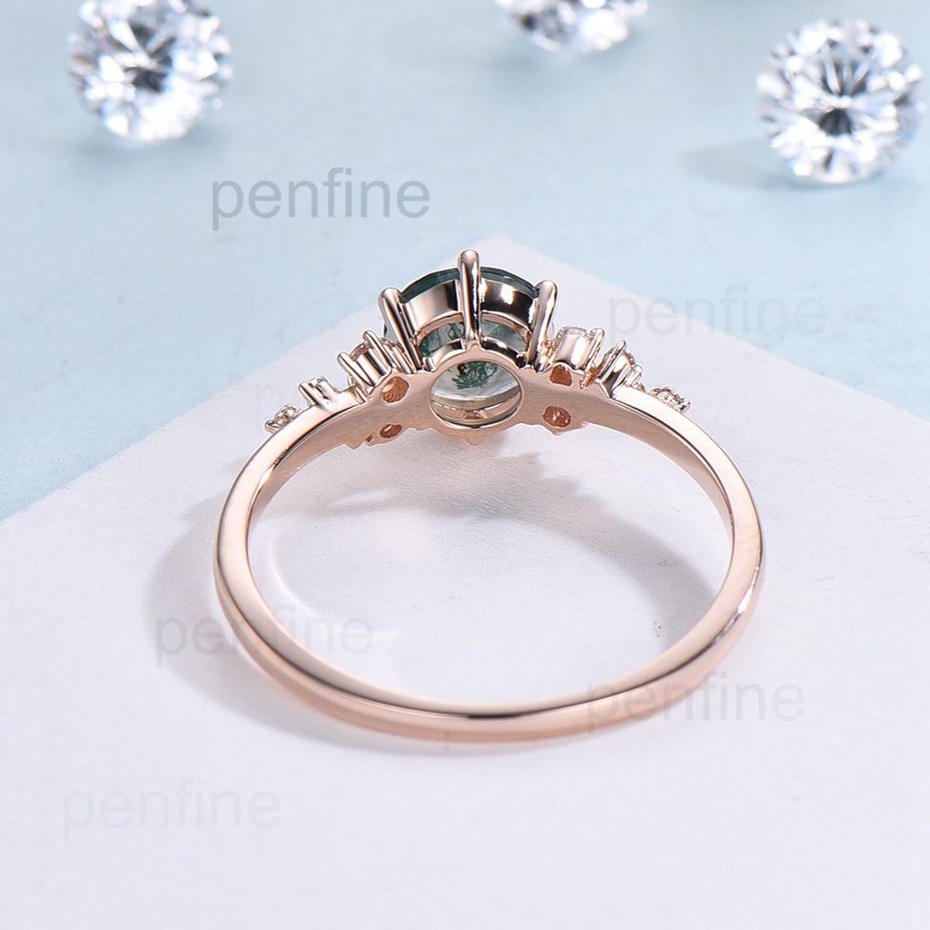 Vintage round cut green moss agate engagement ring 14k rose gold snowdrift diamond ring for women - PENFINE