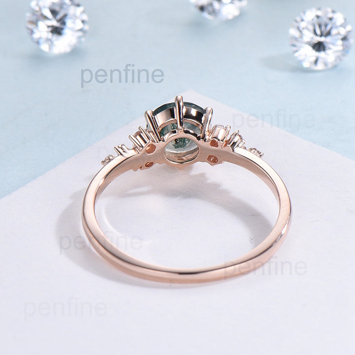 Vintage round cut green moss agate engagement ring 14k rose gold snowdrift diamond ring for women - PENFINE