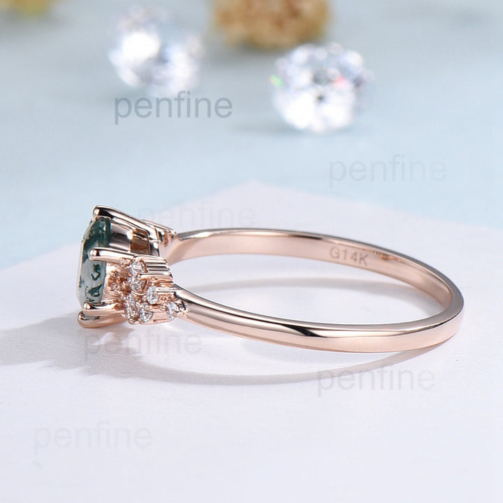 Vintage round cut green moss agate engagement ring 14k rose gold snowdrift diamond ring for women - PENFINE