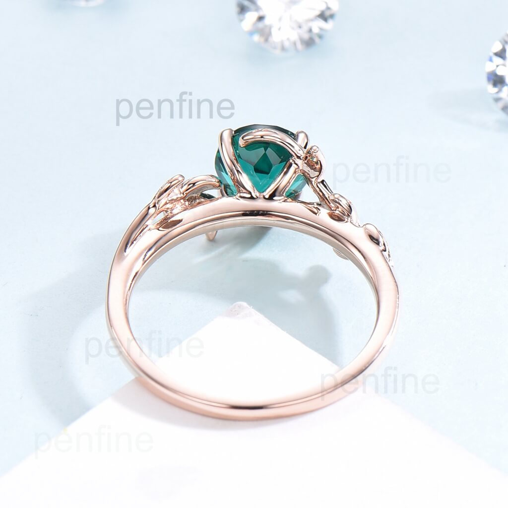 Filigree Leaf Design 1 Carat Round Cut Emerald Solitaire Engagement Ring - PENFINE
