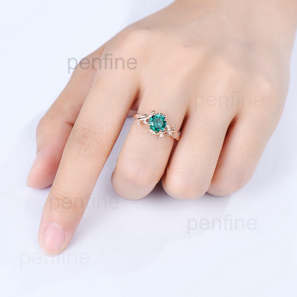 Filigree Leaf Design 1 Carat Round Cut Emerald Solitaire Engagement Ring - PENFINE
