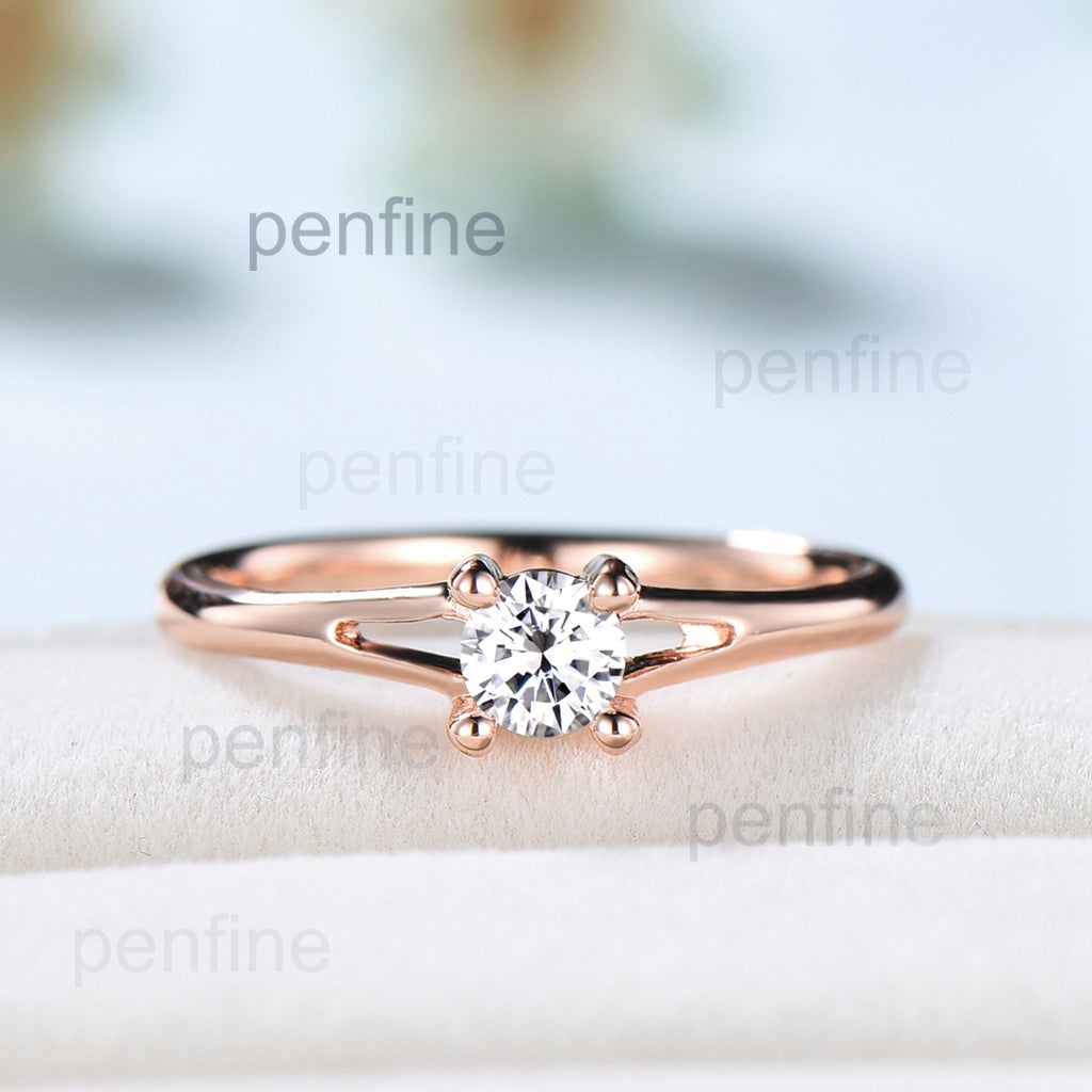 Minimalist Diamond Engagement Ring / Dainty Plain Gold Moissanite Wedding Ring for Women / Solid 14K Rose Gold Split Shank Anniversary Ring - PENFINE