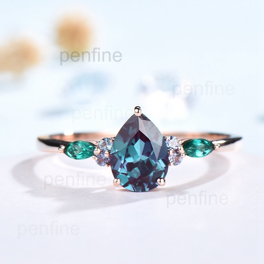 Vintage Pear Alexandrite Cluster Emerald Engagement Ring OHO1 - PENFINE