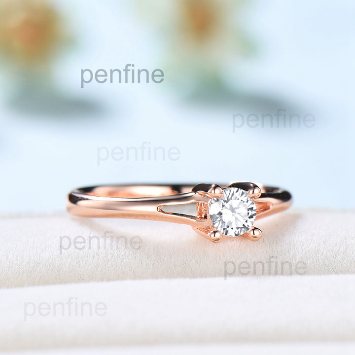 Minimalist Diamond Engagement Ring / Dainty Plain Gold Moissanite Wedding Ring for Women / Solid 14K Rose Gold Split Shank Anniversary Ring - PENFINE