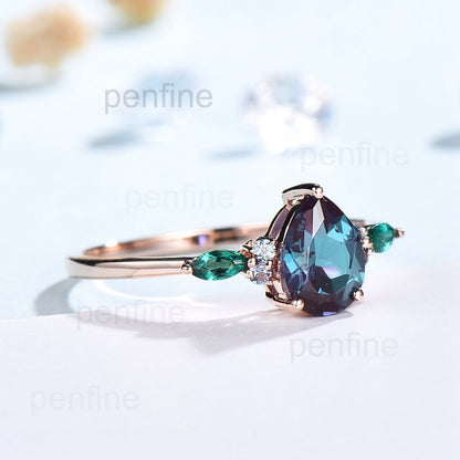 Vintage Pear Alexandrite Cluster Emerald Engagement Ring OHO1 - PENFINE