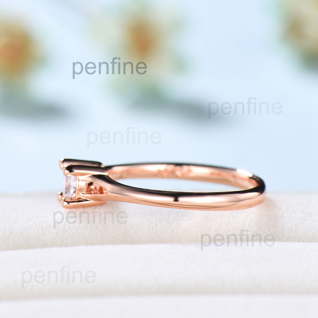 Minimalist Diamond Engagement Ring / Dainty Plain Gold Moissanite Wedding Ring for Women / Solid 14K Rose Gold Split Shank Anniversary Ring - PENFINE