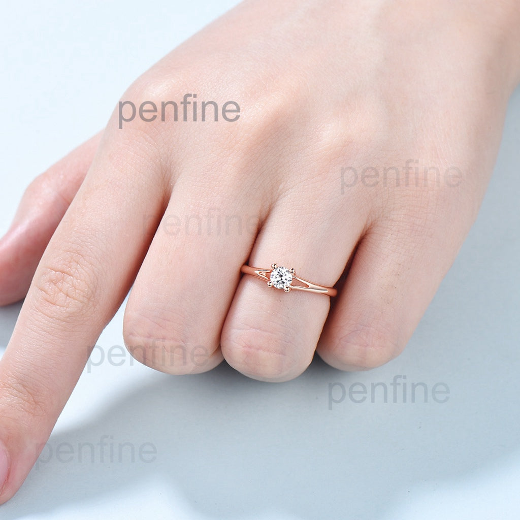 Minimalist Diamond Engagement Ring / Dainty Plain Gold Moissanite Wedding  Ring for Women / Solid 14K Rose Gold Split Shank Anniversary Ring