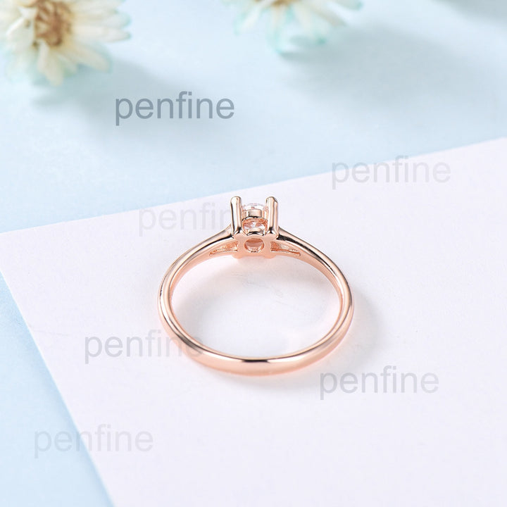 Minimalist Diamond Engagement Ring / Dainty Plain Gold Moissanite Wedding Ring for Women / Solid 14K Rose Gold Split Shank Anniversary Ring - PENFINE