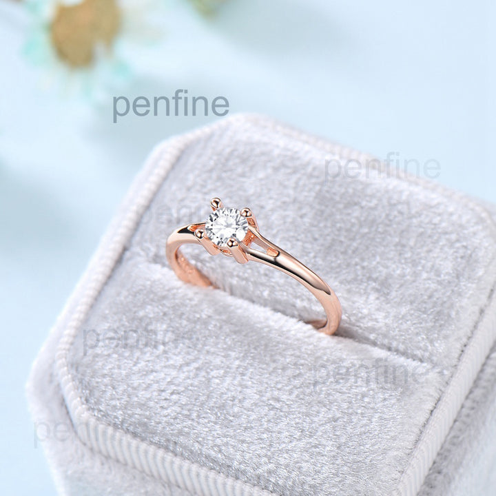 Minimalist Diamond Engagement Ring / Dainty Plain Gold Moissanite Wedding Ring for Women / Solid 14K Rose Gold Split Shank Anniversary Ring - PENFINE