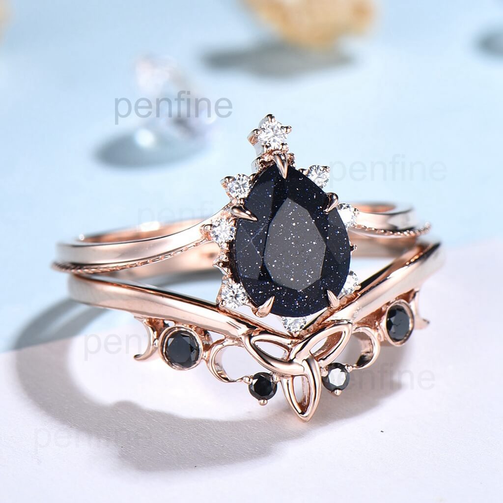 Vintage pear shaped blue sandstone engagement ring set rose gold cluster moissanite ring black diamond ring unique wedding ring set women - PENFINE