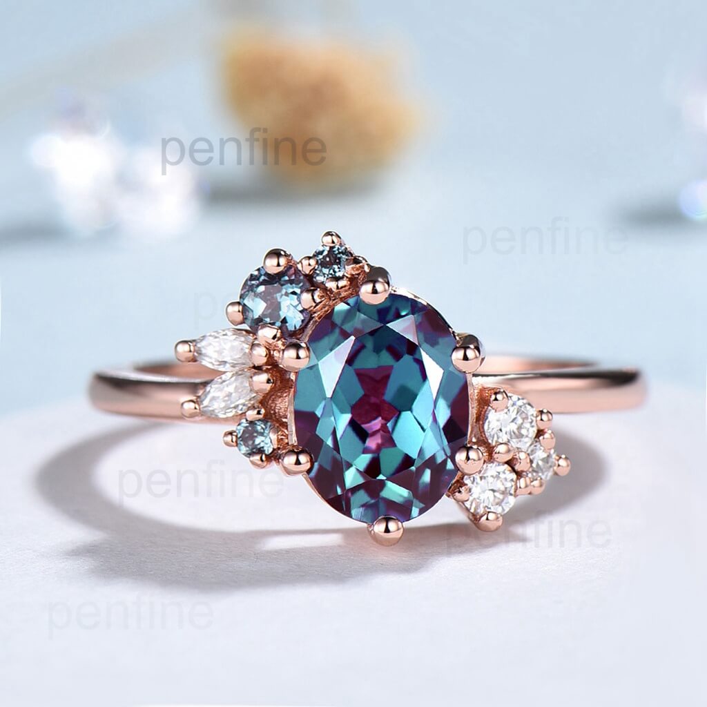 Cluster Alexandrite ring unique vintage alexandrite engagement ring oval cut delicate moissanite bridal ring gifts - PENFINE