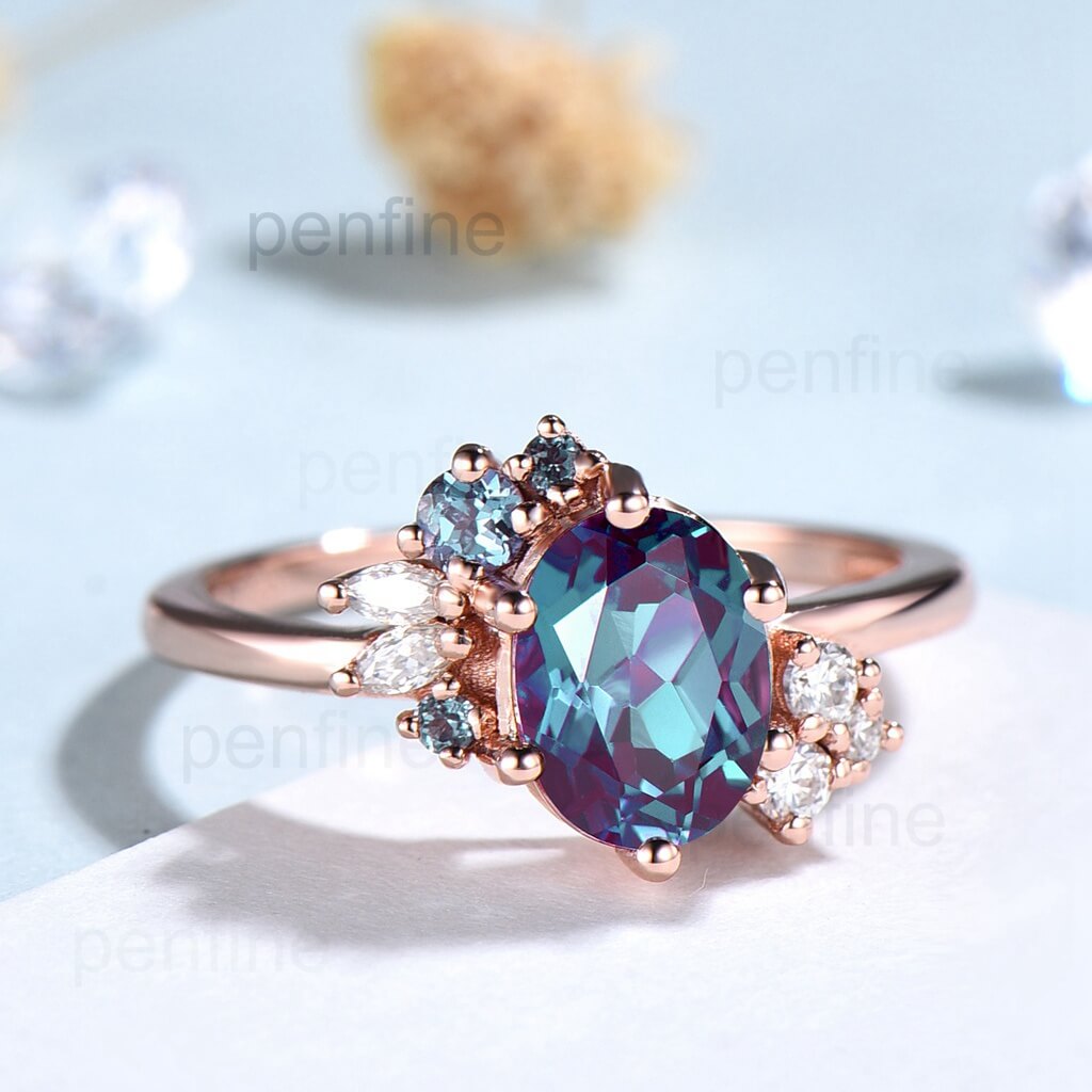 Cluster Alexandrite ring unique vintage alexandrite engagement ring oval cut delicate moissanite bridal ring gifts - PENFINE