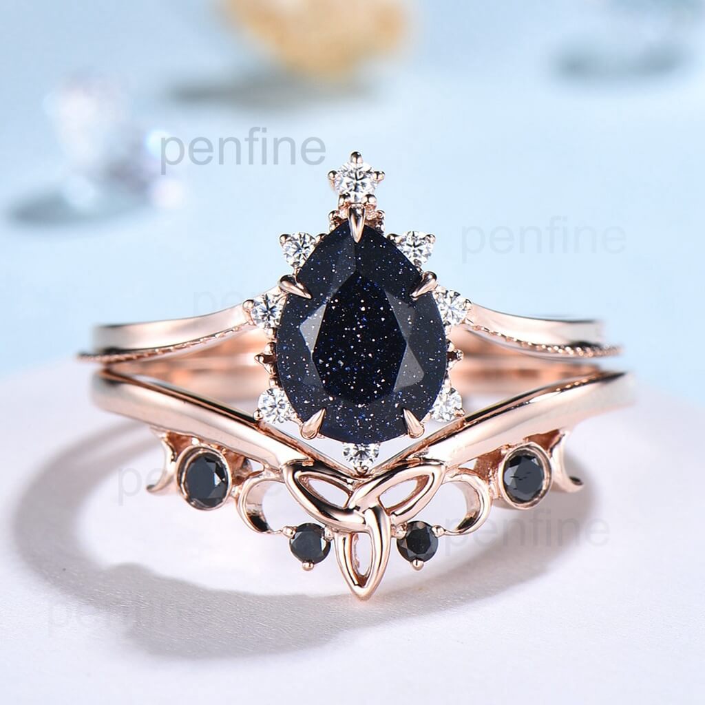 Vintage pear shaped blue sandstone engagement ring set rose gold cluster moissanite ring black diamond ring unique wedding ring set women - PENFINE