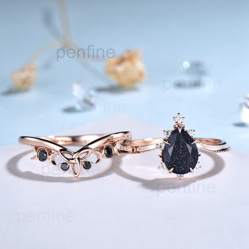Vintage pear shaped blue sandstone engagement ring set rose gold cluster moissanite ring black diamond ring unique wedding ring set women - PENFINE
