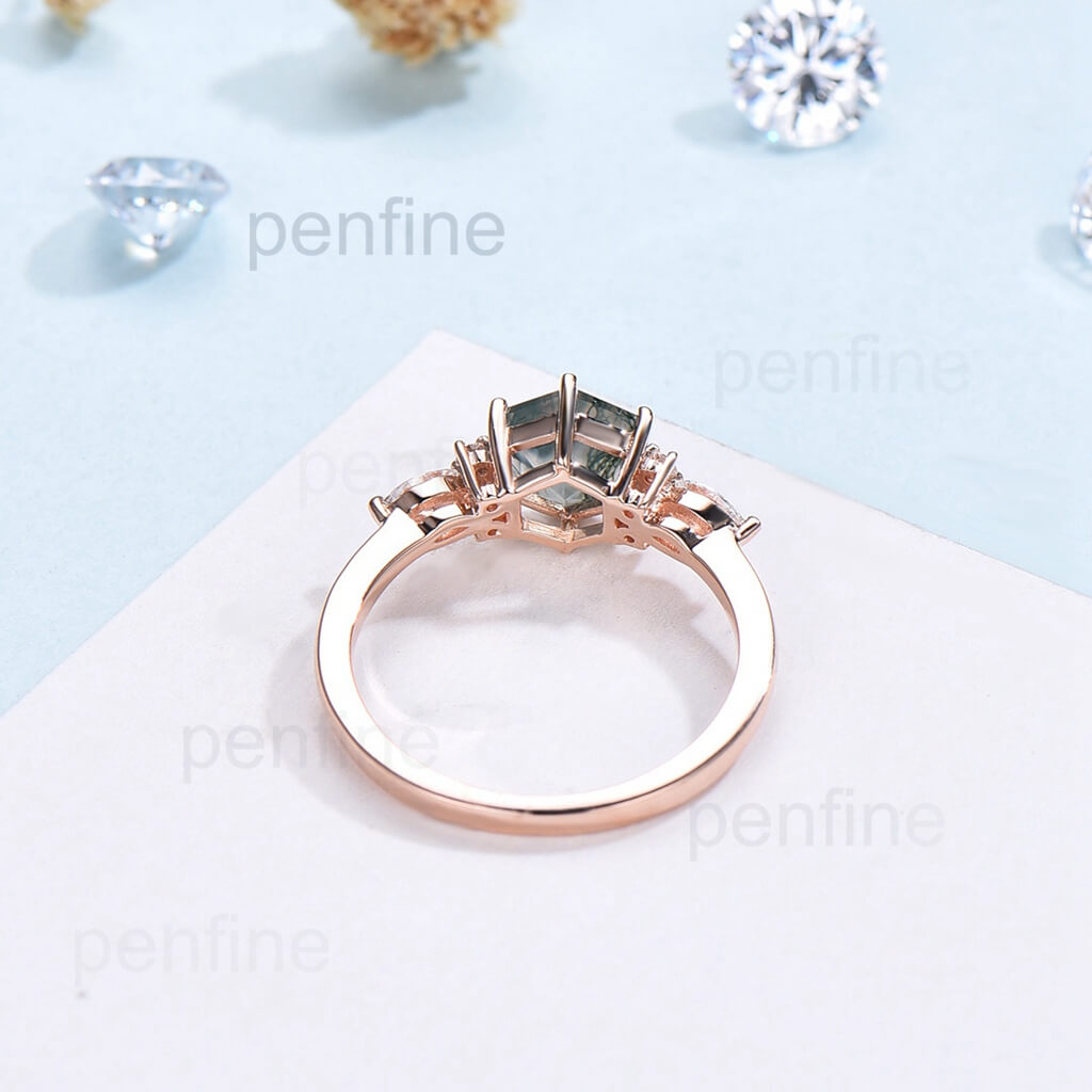 Unique Neil Moss Agate Diamond Ring Hexagon Cut - PENFINE