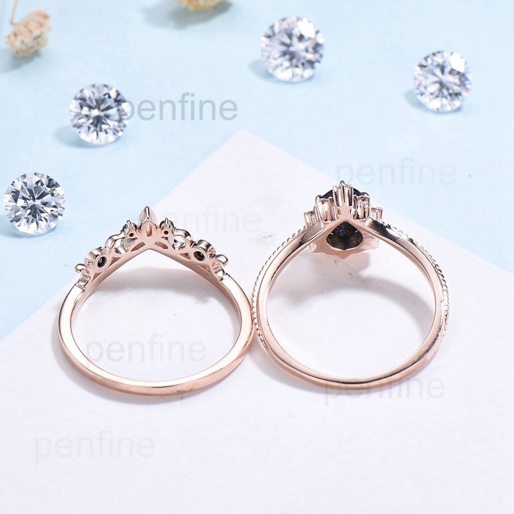 Vintage pear shaped blue sandstone engagement ring set rose gold cluster moissanite ring black diamond ring unique wedding ring set women - PENFINE