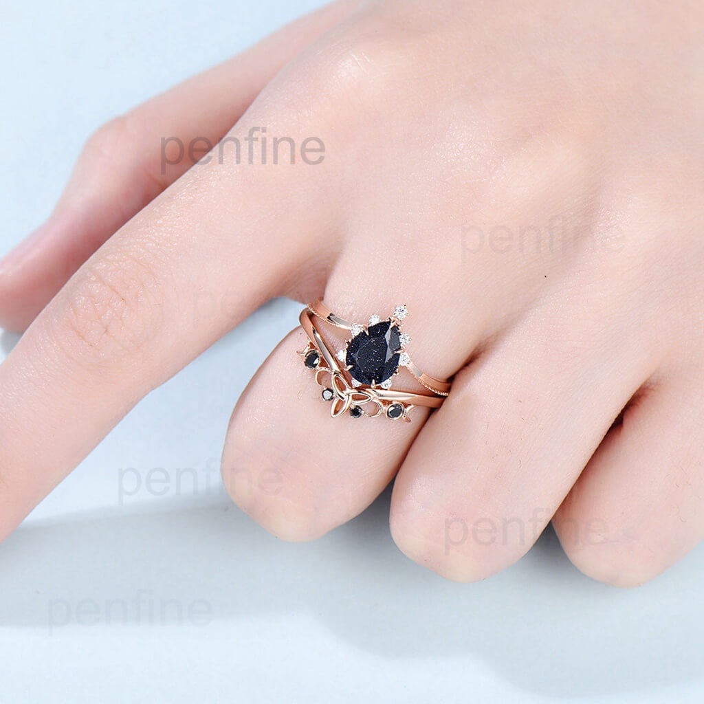 Pear shaped blue sandstone engagement ring set top 14k rose gold vintage unique engagement ring moissanite ring set for women wedding ring set