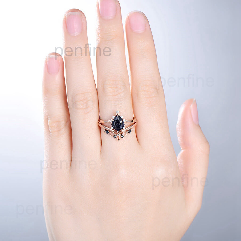 Vintage pear shaped blue sandstone engagement ring set rose gold cluster moissanite ring black diamond ring unique wedding ring set women - PENFINE