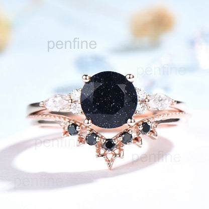 Vintage 1 Carat  Blue Sandstone Engagement Ring Set Black Spinel Band WIS402 - PENFINE