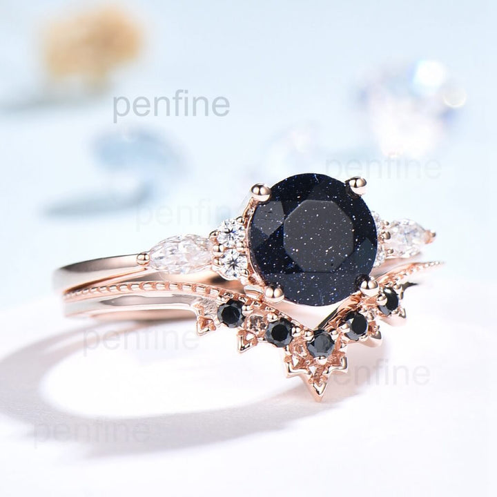 Vintage 1 Carat  Blue Sandstone Engagement Ring Set Black Spinel Band WIS402 - PENFINE