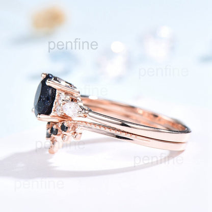 Vintage 1 Carat  Blue Sandstone Engagement Ring Set Black Spinel Band WIS402 - PENFINE