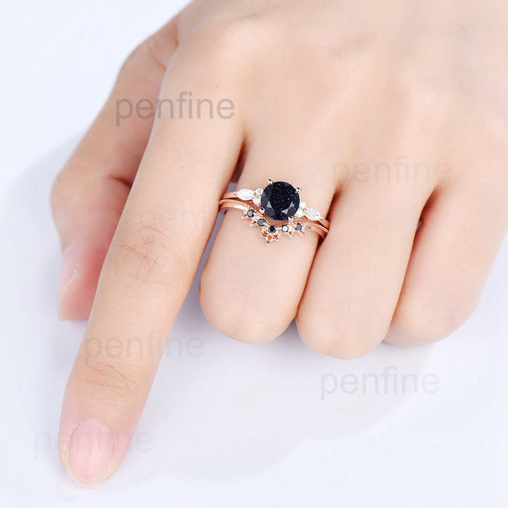 Vintage 1 Carat  Blue Sandstone Engagement Ring Set Black Spinel Band WIS402 - PENFINE