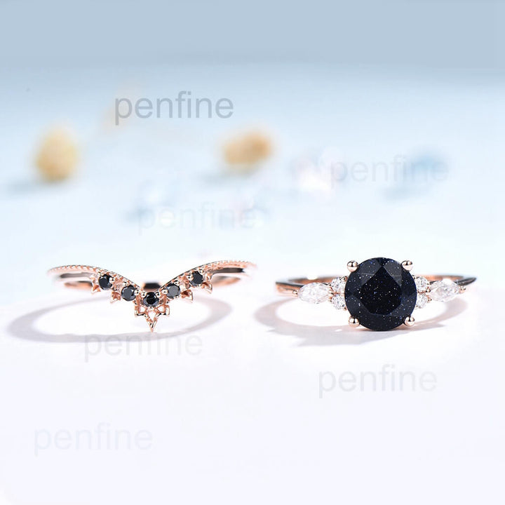 Vintage 1 Carat  Blue Sandstone Engagement Ring Set Black Spinel Band WIS402 - PENFINE