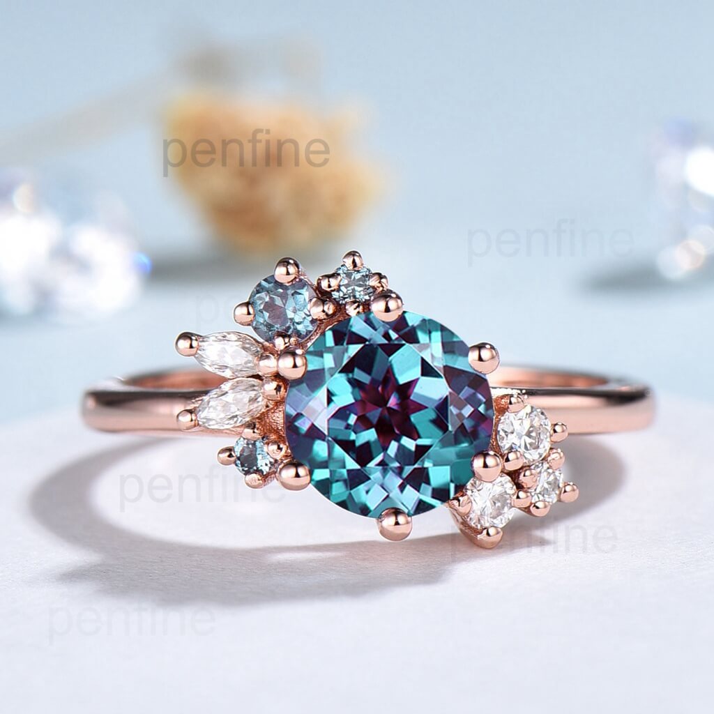 Unique Alexandrite Engagement Ring 7mm Round Cut June Birthstone Anniversary Promise Gift For Women Cluster Marquise Moissanite Wedding Ring - PENFINE