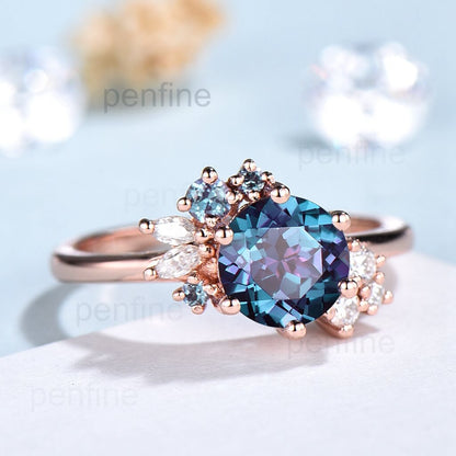 Unique Alexandrite Engagement Ring 7mm Round Cut June Birthstone Anniversary Promise Gift For Women Cluster Marquise Moissanite Wedding Ring - PENFINE