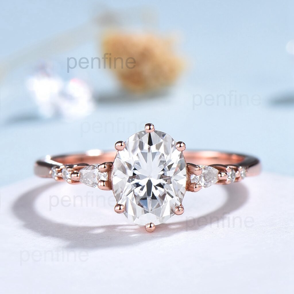 Oval cut Moissanite Engagement Ring Set 14K/18K Rose Gold vintage Unique pear diamond Cluster ring women promise ring - PENFINE