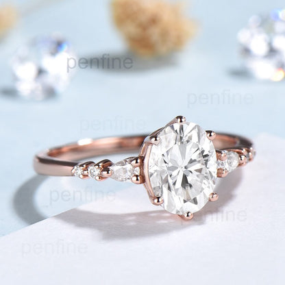 Oval cut Moissanite Engagement Ring Set 14K/18K Rose Gold vintage Unique pear diamond Cluster ring women promise ring - PENFINE
