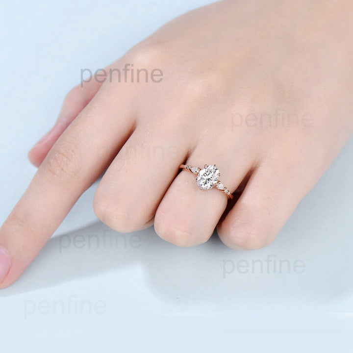 Oval cut Moissanite Engagement Ring Set 14K/18K Rose Gold vintage Unique pear diamond Cluster ring women promise ring - PENFINE