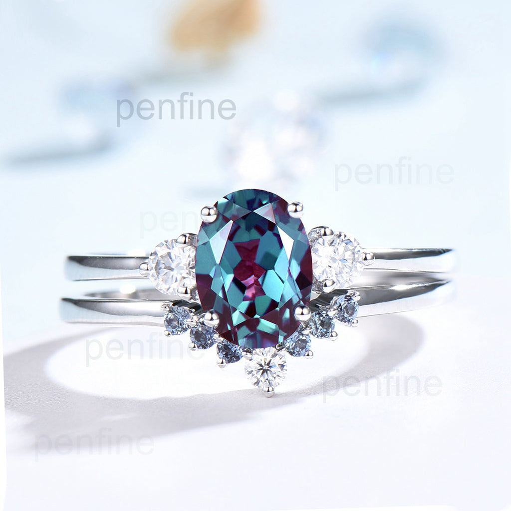 Three Stone Oval Solitaire Aria Alexandrite Engagement Ring Set - PENFINE