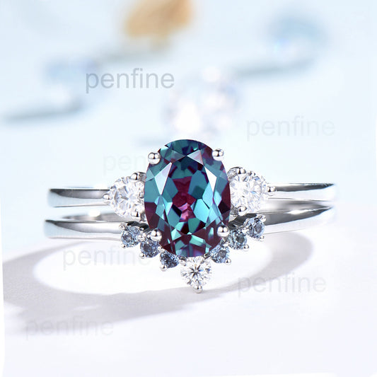 Three Stone Oval Solitaire Aria Alexandrite Engagement Ring Set - PENFINE